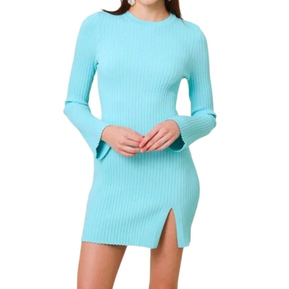Line & Dot Long Sleeve Ribbed Lana Sweater Mini Dress Sky Blue LARGE - Picture 1 of 6